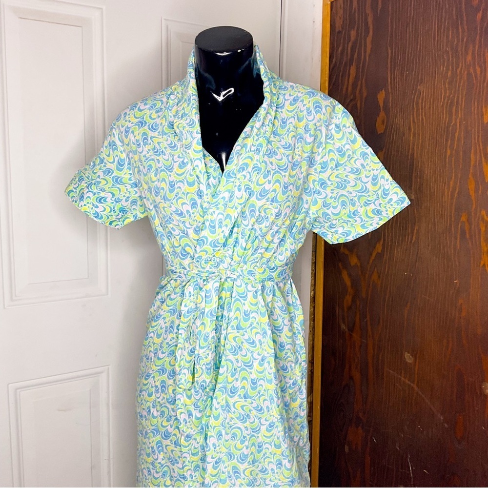 Vintage 70s Dress Blue Green Abstract Tie Waist Small